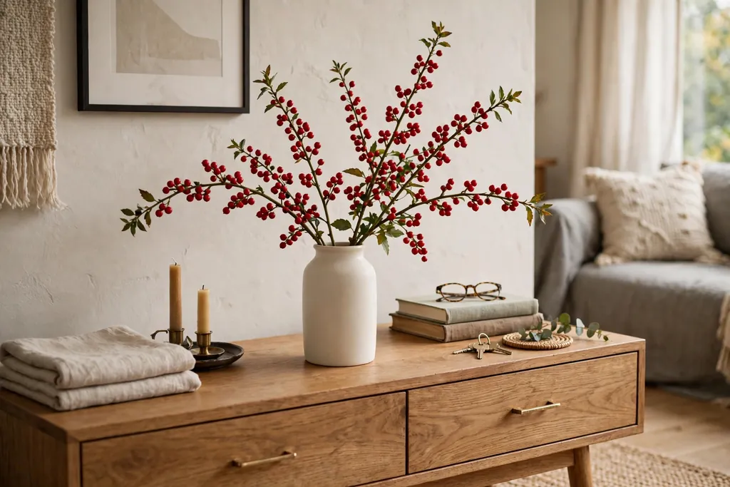 Plain vase with red berry stems on a living room sideboard.