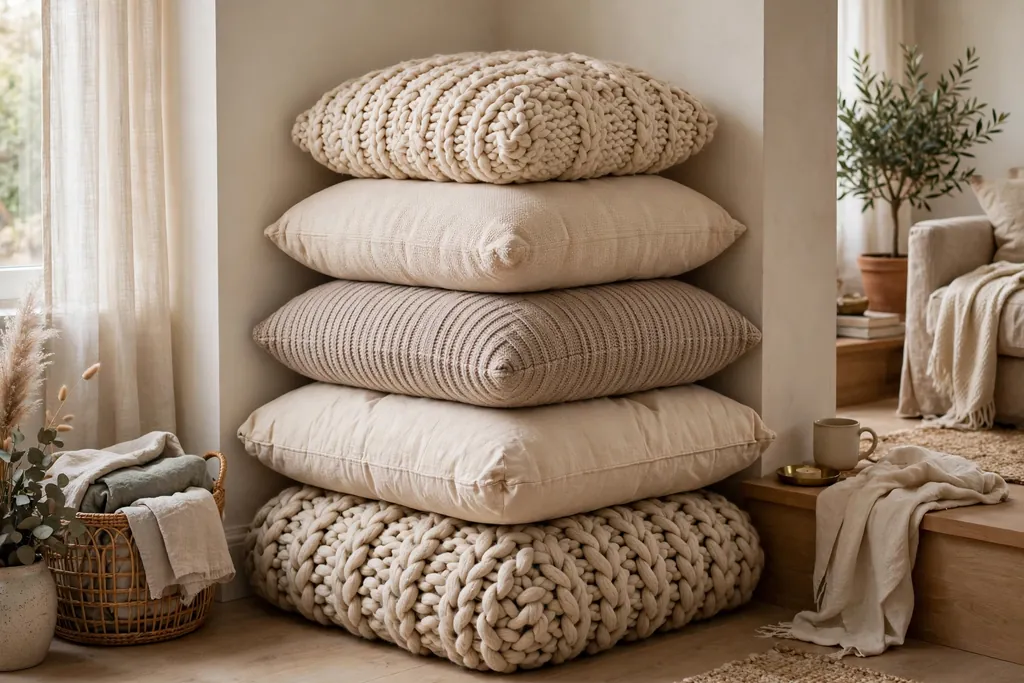 Large floor cushions in knit and cotton stacked in a living room corner.