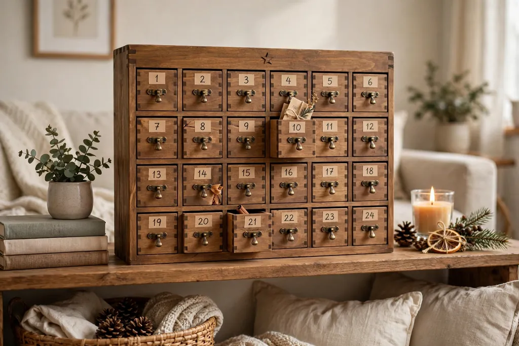 Wooden advent calendar with small drawers on a living room shelf.
