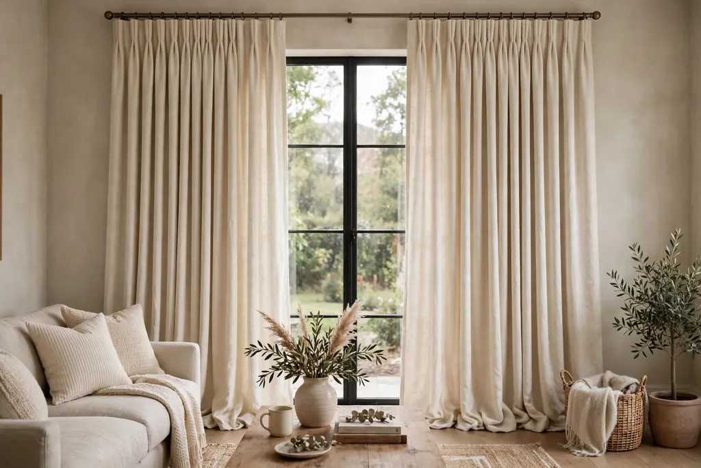 Living room window with heavier curtains in cream hung to the floor.