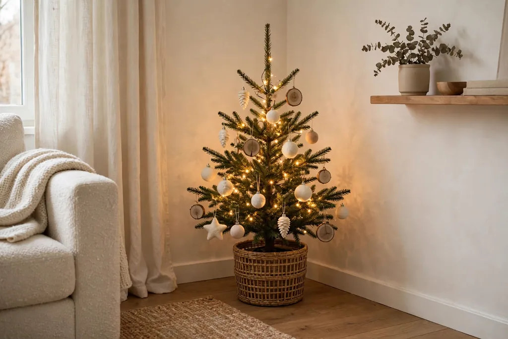 Small Christmas tree in a living room corner with simple wood and cream ornaments and warm lights.
