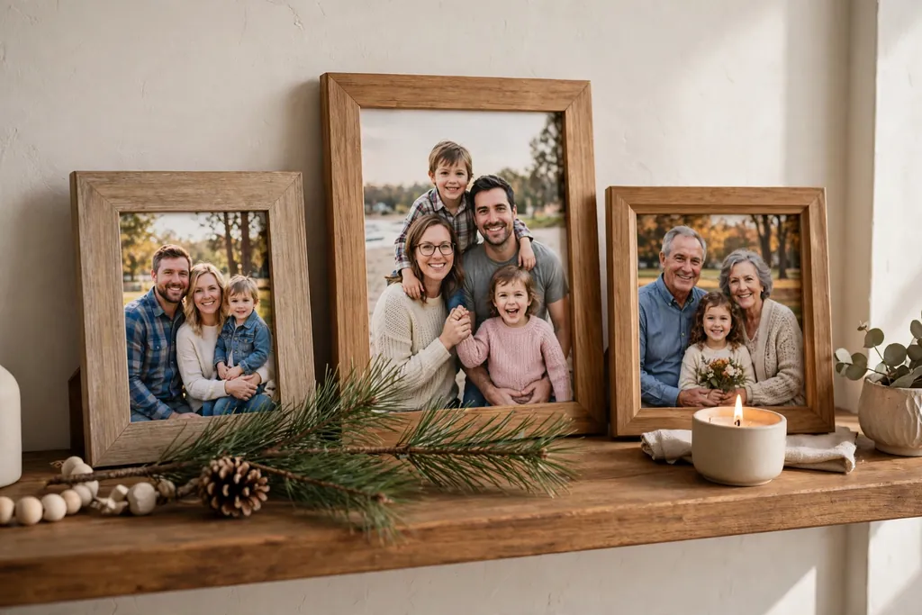 Living room shelf with framed family photos in wood frames, a pine sprig, and a small candle.