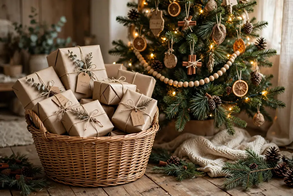 Basket beside a Christmas tree filled with gifts wrapped in kraft paper and twine.