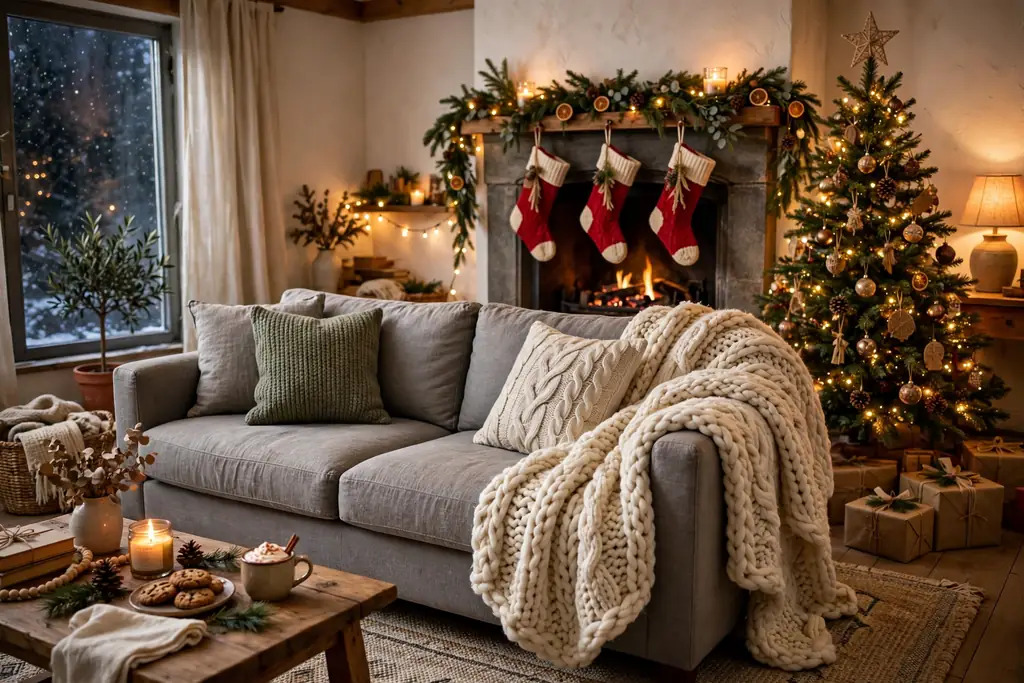 Sofa with a chunky knit throw draped over one arm in a cozy living room.