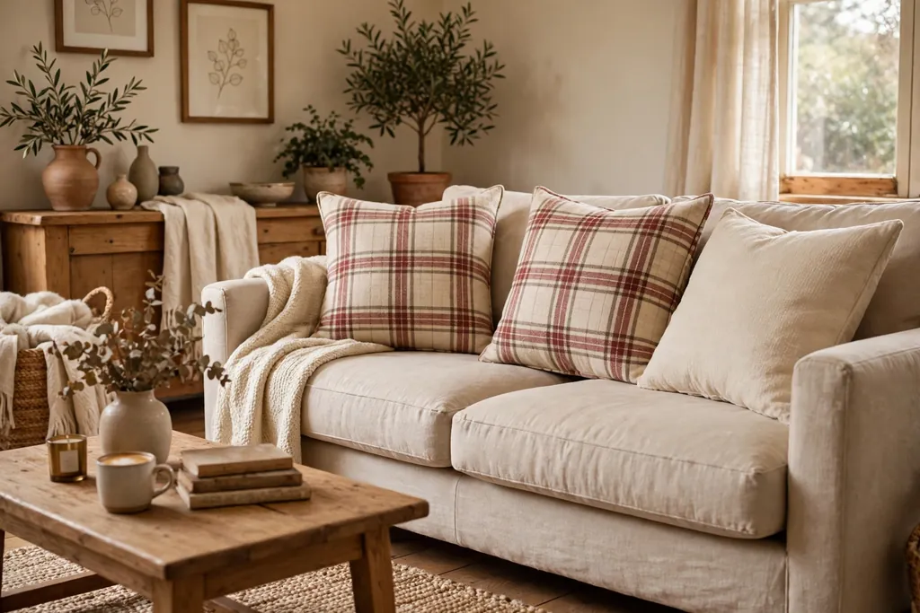 Sofa with plaid cushions in cream and muted red beside a plain cushion.