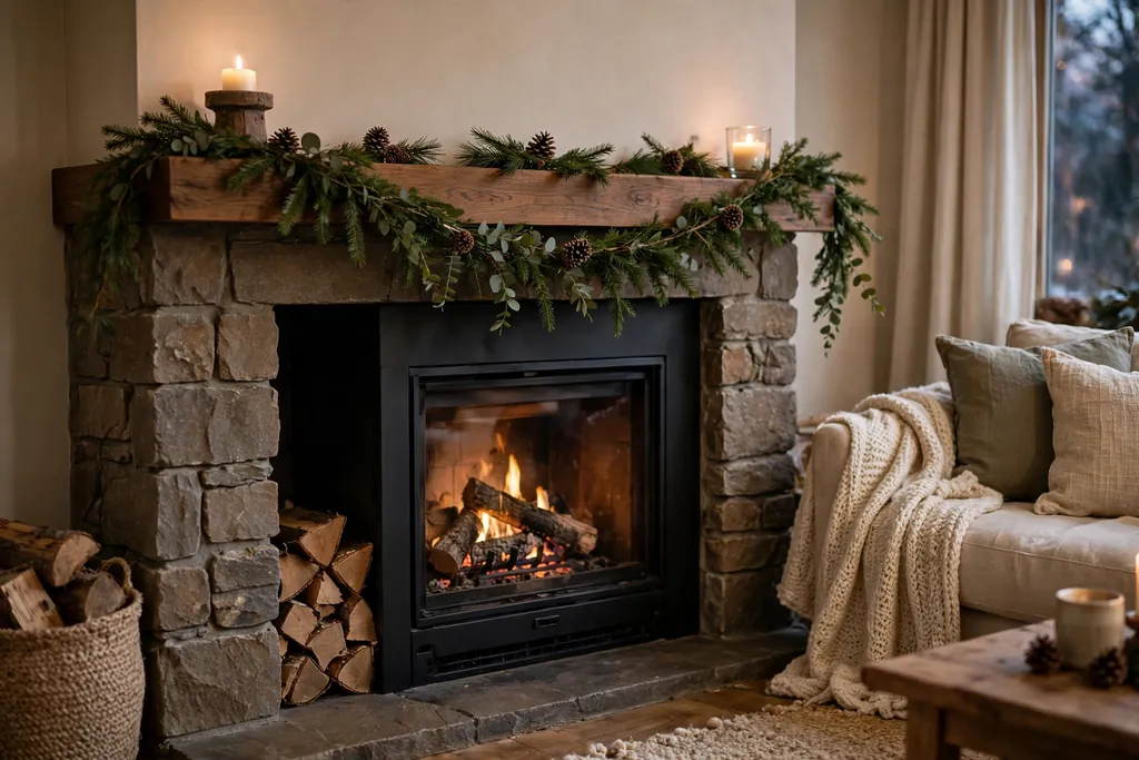 Fireplace mantel with a simple greenery garland and pinecones.