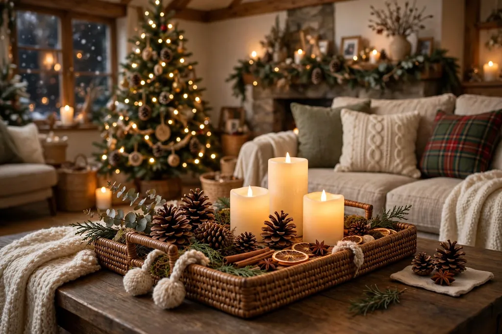 Coffee table tray with pinecones and battery candles in a cozy living room.