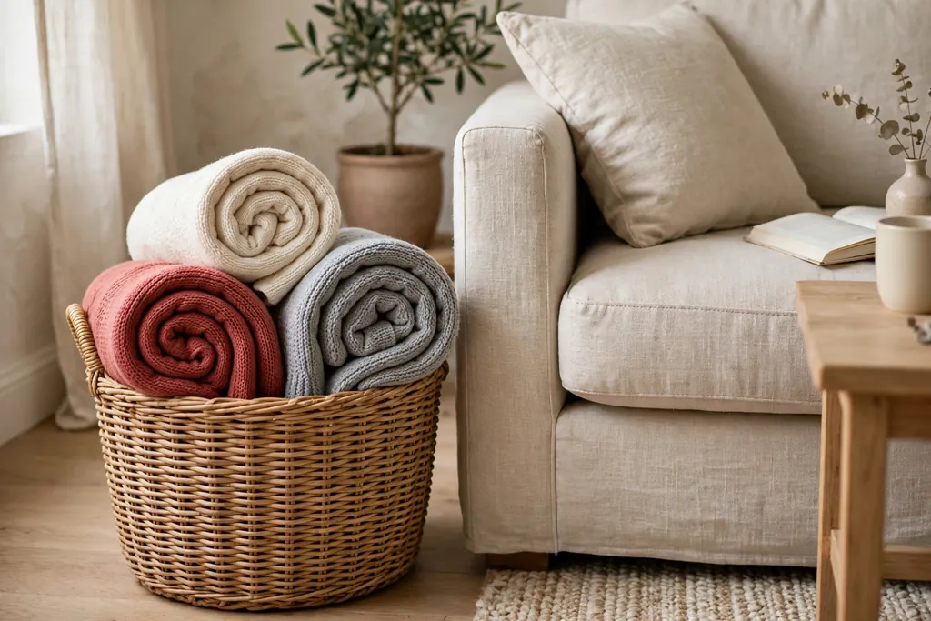 Woven basket beside a sofa filled with rolled throws in cream, muted red, and soft grey.