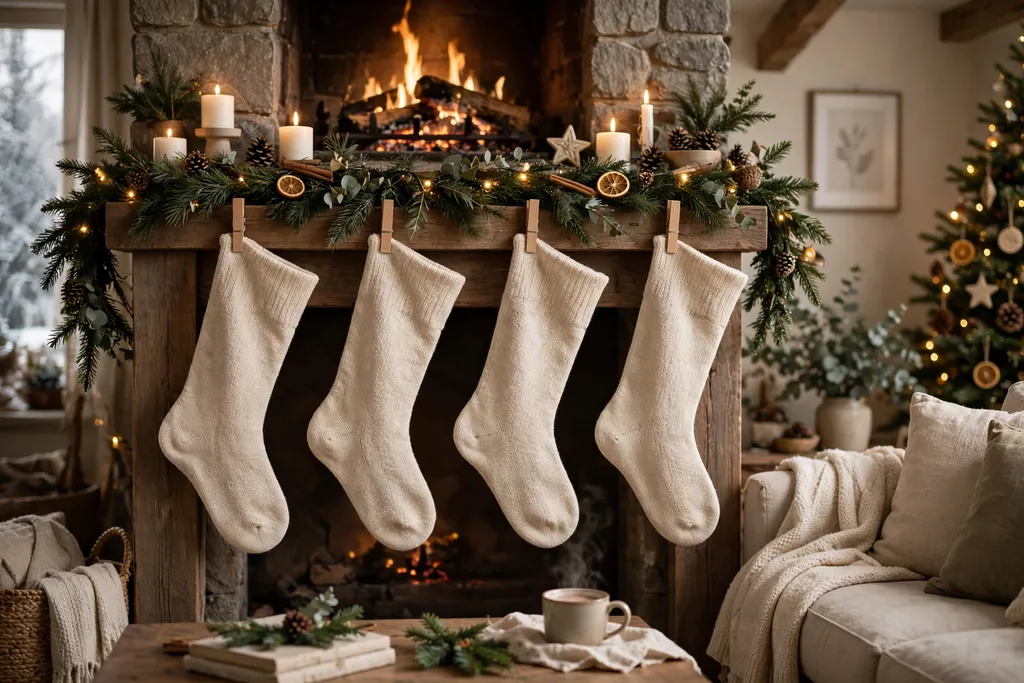 Plain knit stockings hung evenly from a fireplace mantel with simple clips.