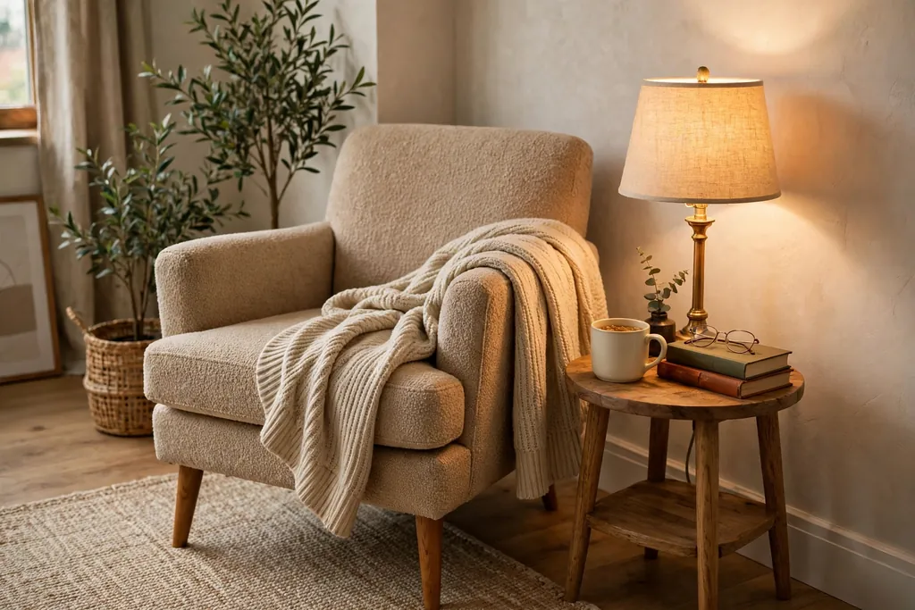 Reading chair in a living room corner with a soft throw, a small side table, and a warm lamp.