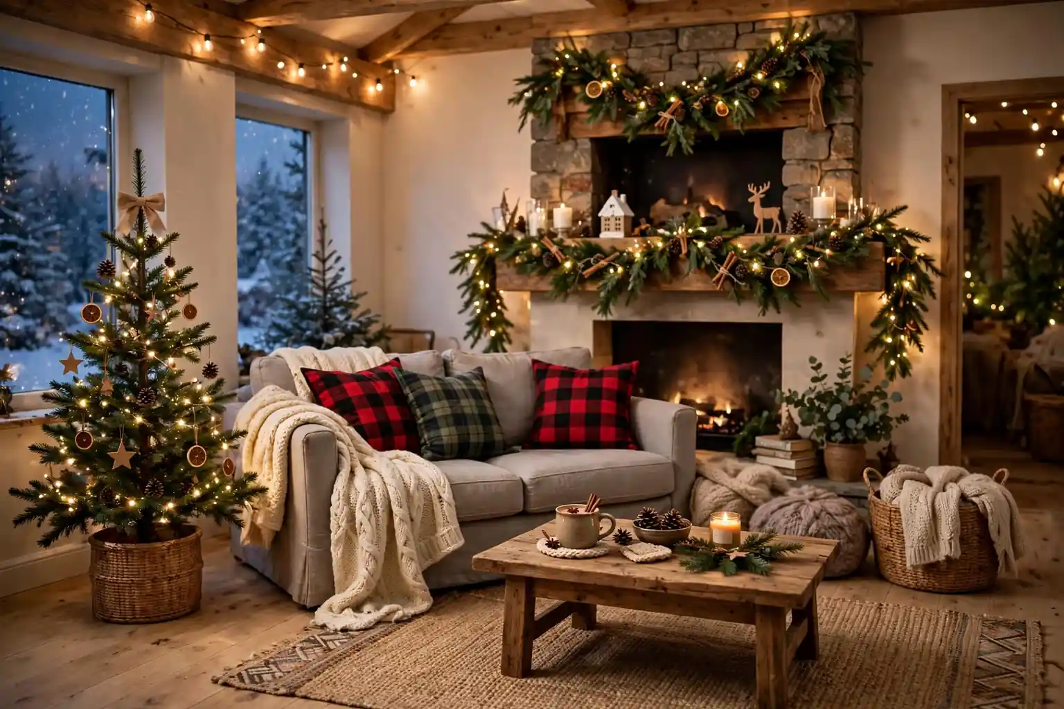 Cozy Christmas living room with a small tree, warm lights, a sofa with a knit throw and plaid cushions, and a greenery garland on the mantel.