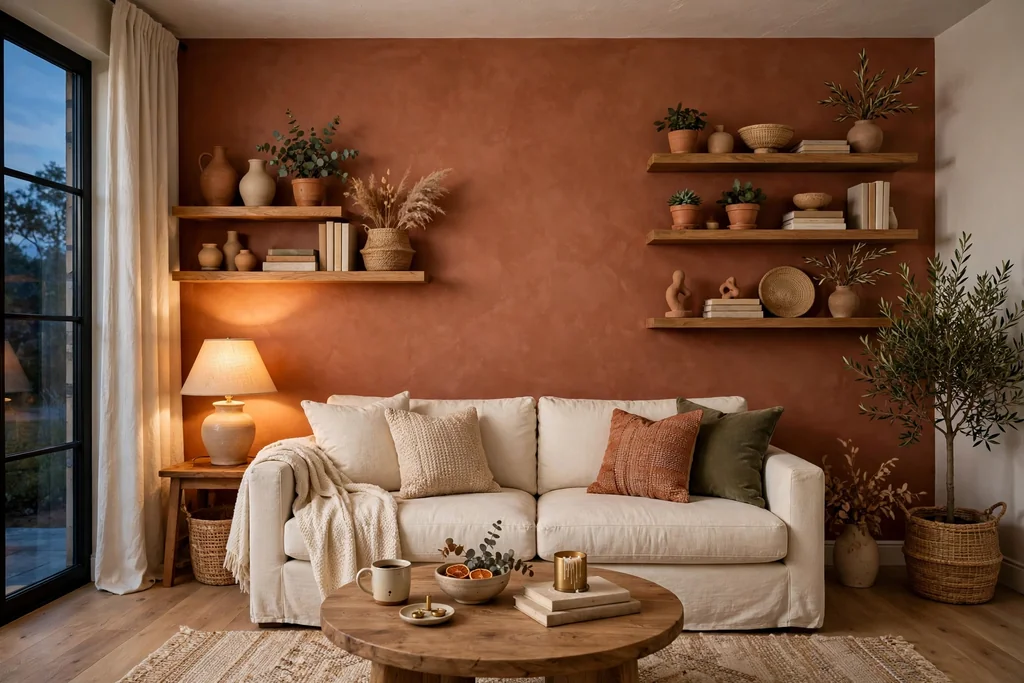 Living room with one warm terracotta accent wall behind a cream sofa, wood shelves, and soft evening lamplight.
