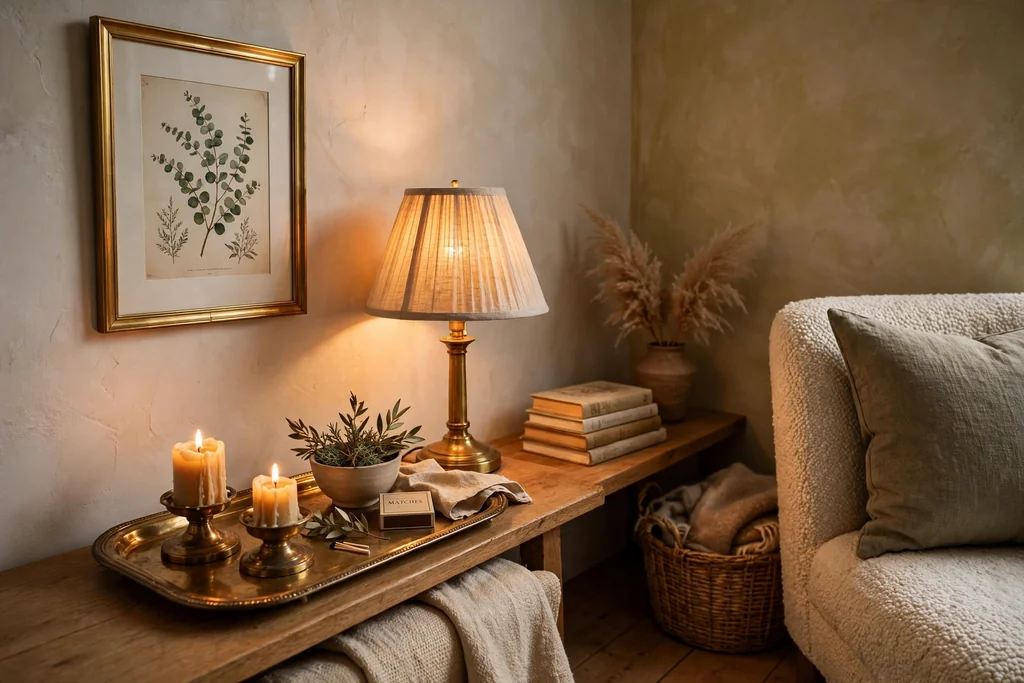 Cozy room corner with brass candleholders, a brass tray, and a brass framed print in warm lamplight.