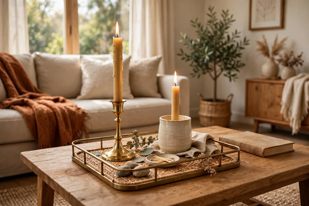 Tray on a coffee table holding candles of two heights in brass and ceramic holders.