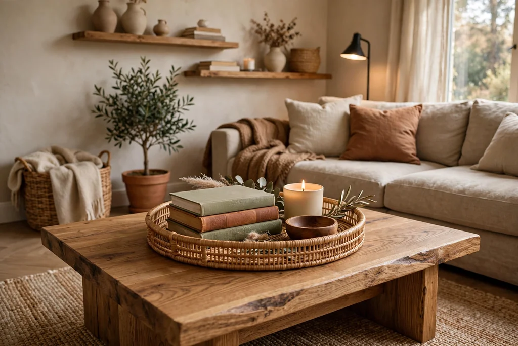 Wood coffee table with a tray holding a stack of books, a candle, and a small wooden bowl.