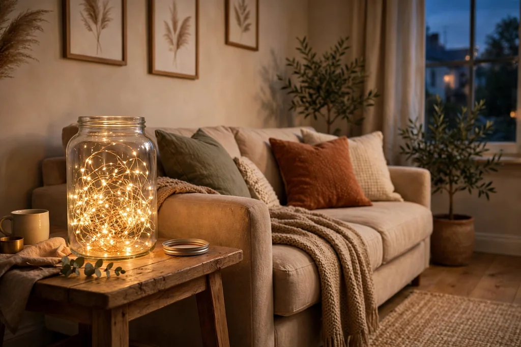 Glass jar with warm fairy lights glowing on a side table beside a cozy sofa in the evening.