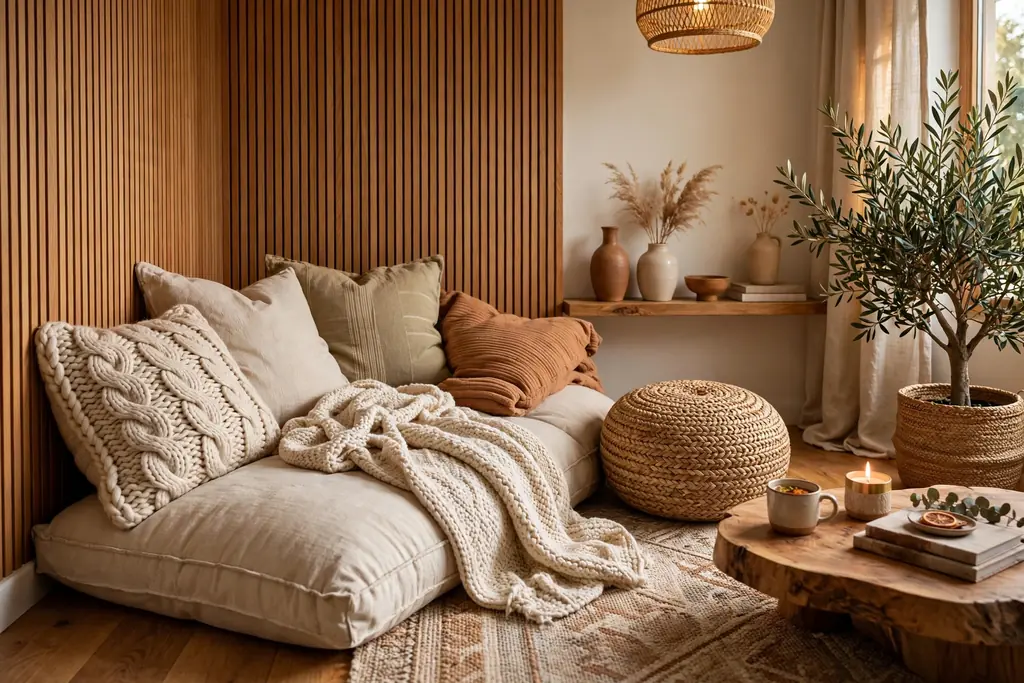 Living room corner with large floor cushions in knit and cotton and a woven pouf.