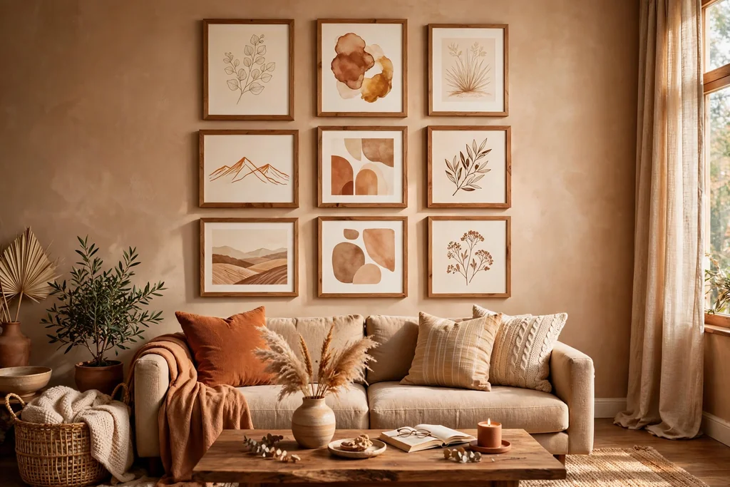 Gallery wall of framed prints in warm wood frames above a sofa in a cozy living room.