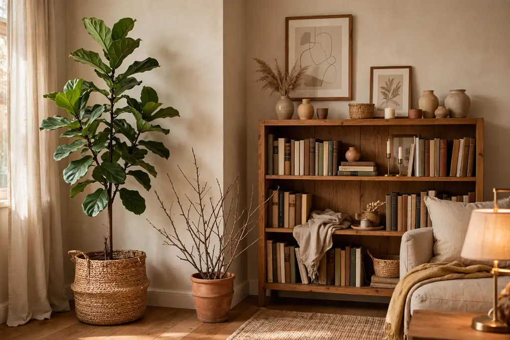 Living room corner with a tall potted plant and branches in a terracotta pot beside a bookcase.