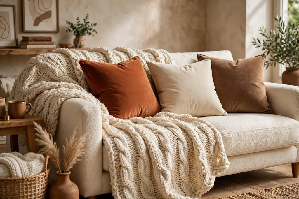 Sofa with chunky knit and velvet cushions in cream, rust, and soft brown.