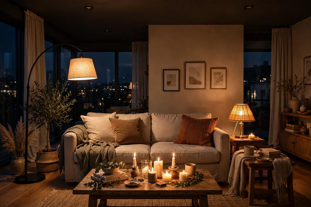 Living room in the evening lit by a floor lamp, a table lamp, and candles, with the overhead light off.