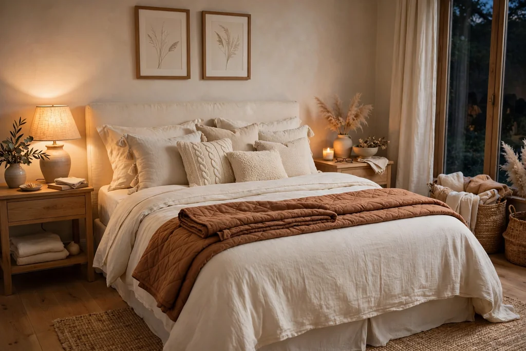 Cozy bedroom bed layered with cream bedding, a warm quilt, and a folded throw across the foot.
