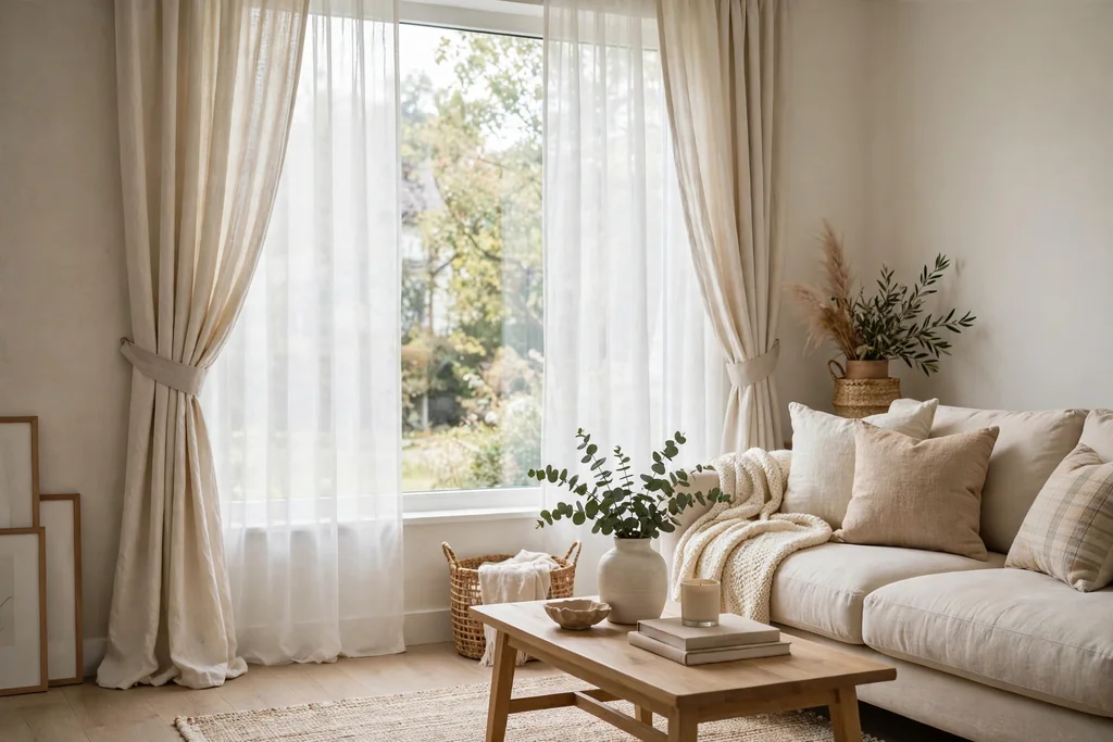 Living room window with sheer curtains and heavier cream linen drapes beside a cozy sofa.