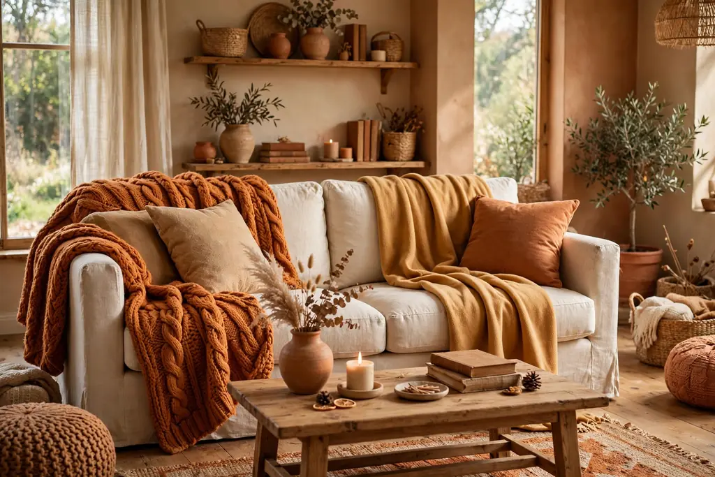 Cream sofa with a chunky knit throw and a smooth fleece throw draped over the arm and back in warm tones.