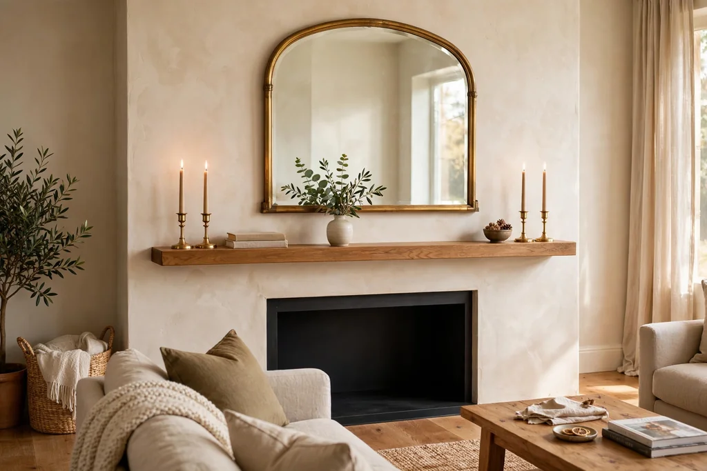 Styled mantel shelf with a mirror above, brass candleholders at the ends, and a small vase of stems.