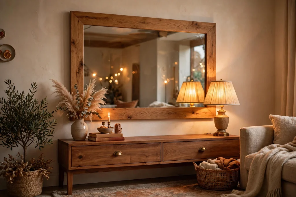 Mirror in a warm wood frame above a console, reflecting warm lamplight in a cozy room.