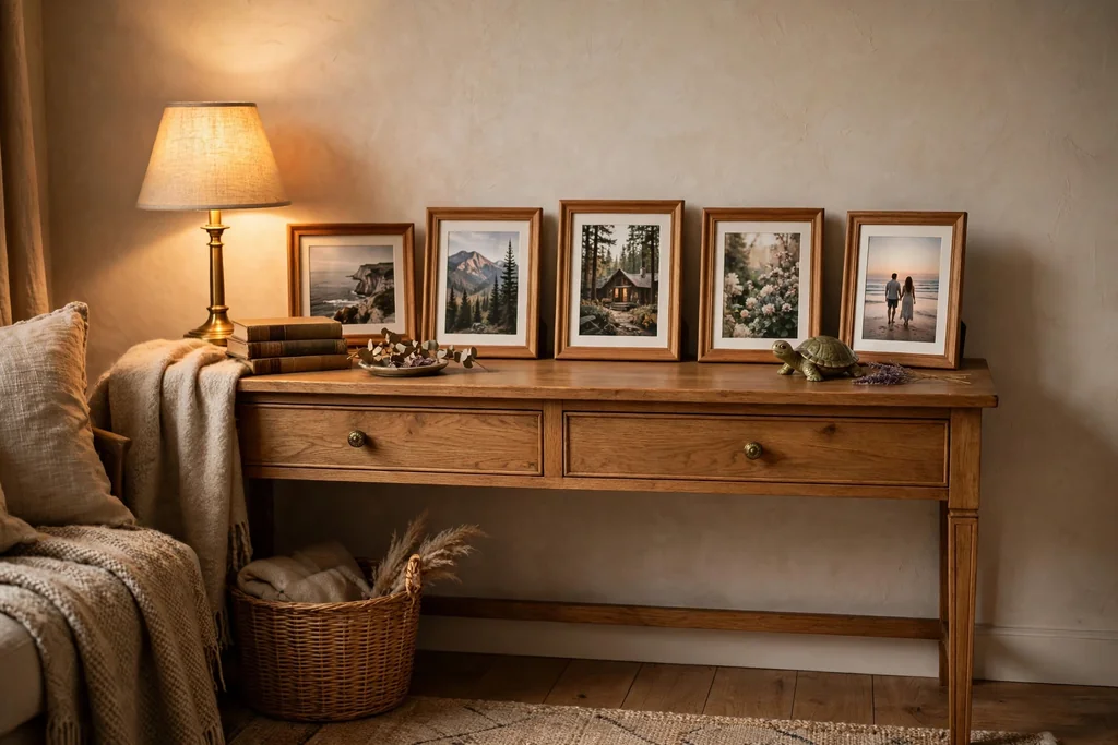 Console styled with framed photos in matching warm frames and one small keepsake.