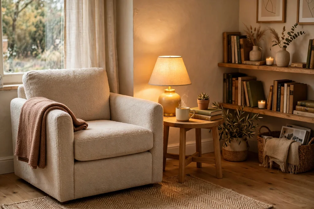 Reading corner with a comfortable armchair, a warm table lamp, a small side table, and a folded throw.