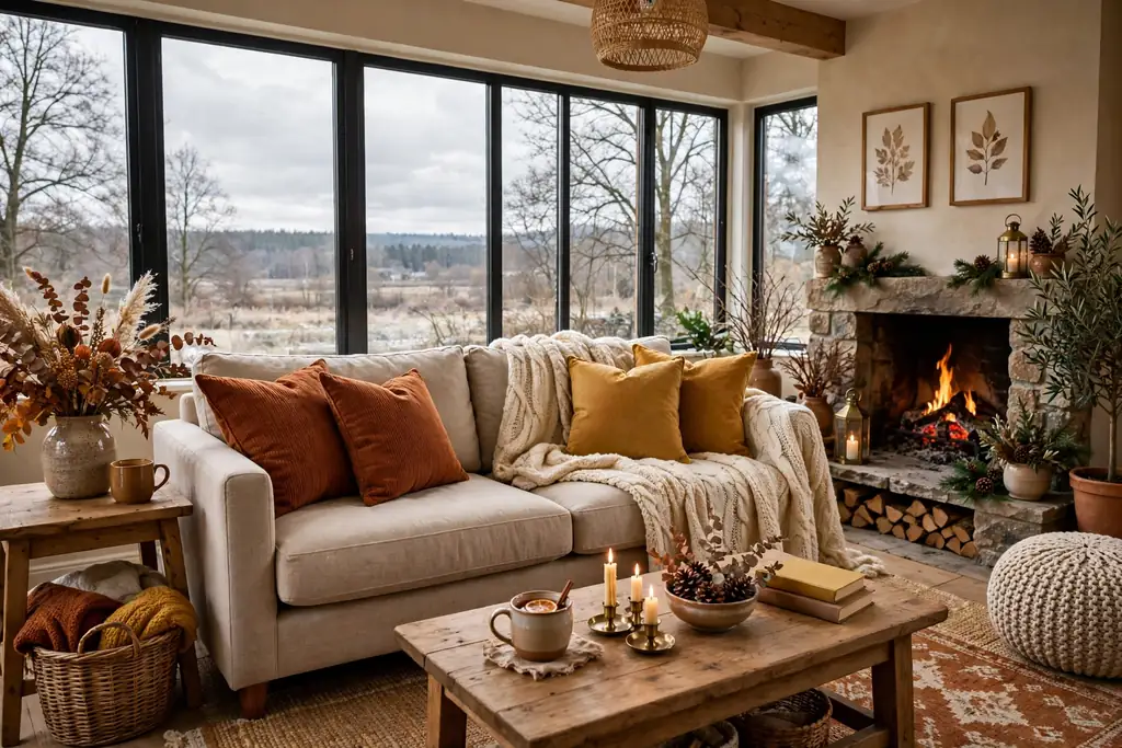 Sofa styled for autumn and winter with rust and mustard cushion covers and a warm throw.