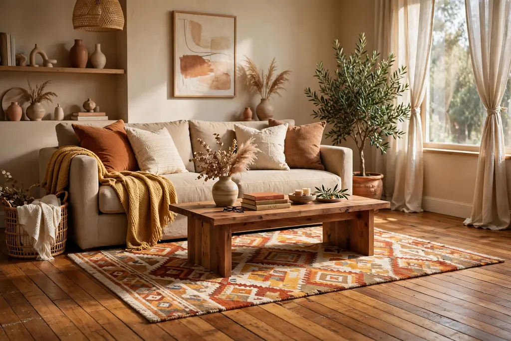 Cozy seating area with a soft warm patterned rug under a sofa and wood coffee table on a hard floor.
