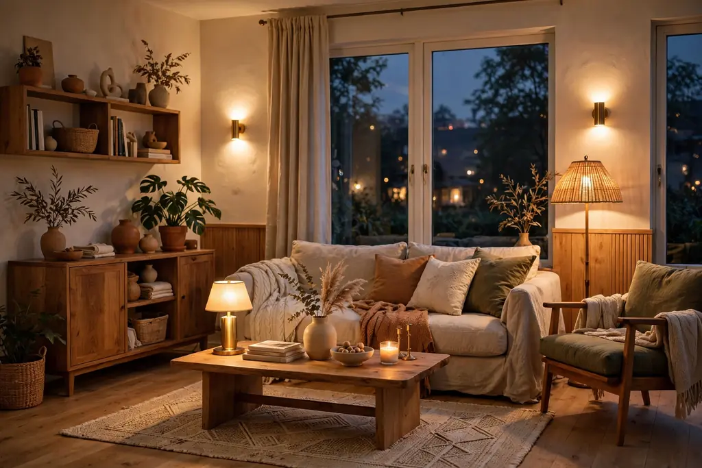 Living room lit by warm white lamps in the evening, with a dimmer switch detail near the sofa.