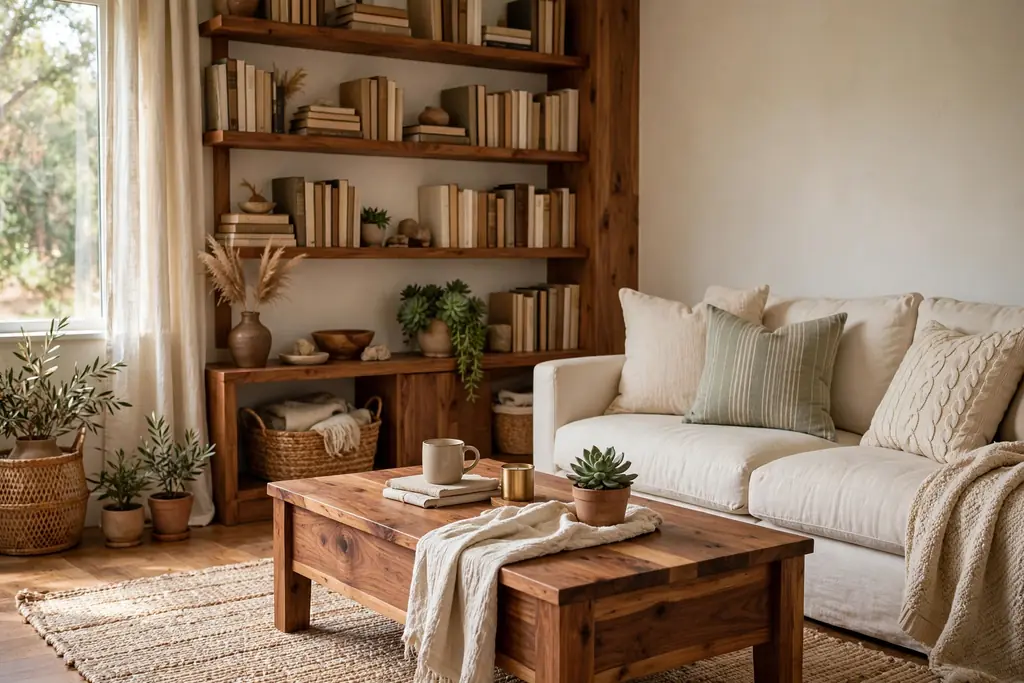Cozy living room anchored by a warm wood coffee table and wood shelves with books and a small plant.