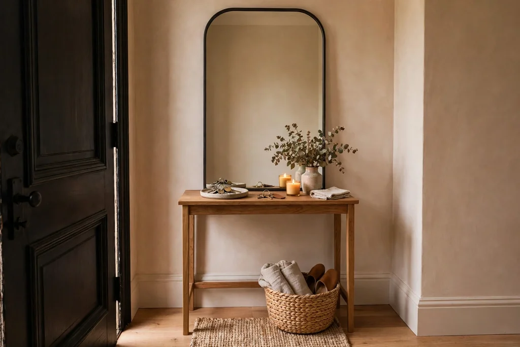 Entry corner inside a door with a narrow wood console, a mirror above, a tray for keys, and a basket below.