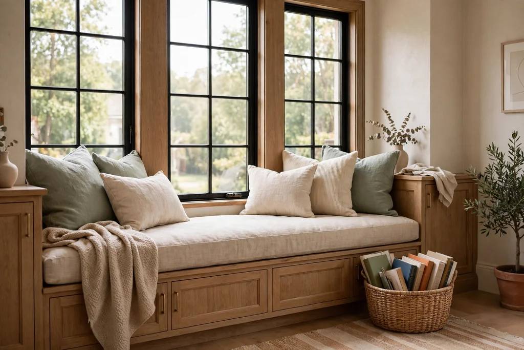 Window seat with a thick washable cushion, soft back cushions, and a basket of books beside it.