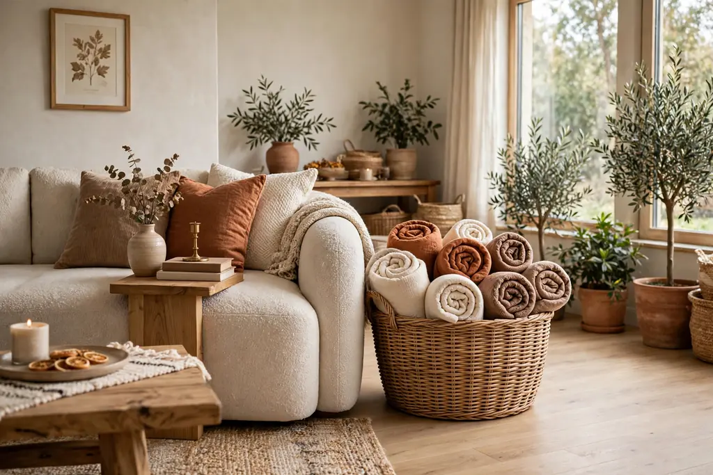 Large woven basket beside a sofa filled with rolled throws in cream, rust, and soft brown.