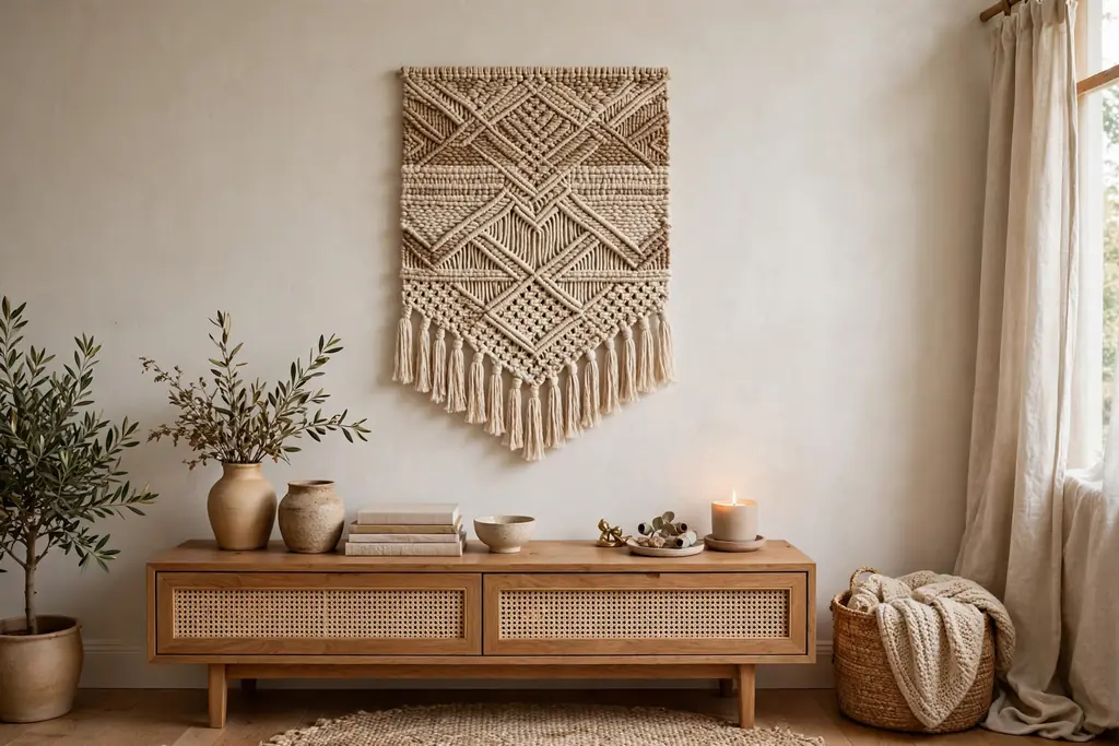 Plain wall with a woven wall hanging in warm neutral tones above a console in a cozy room.