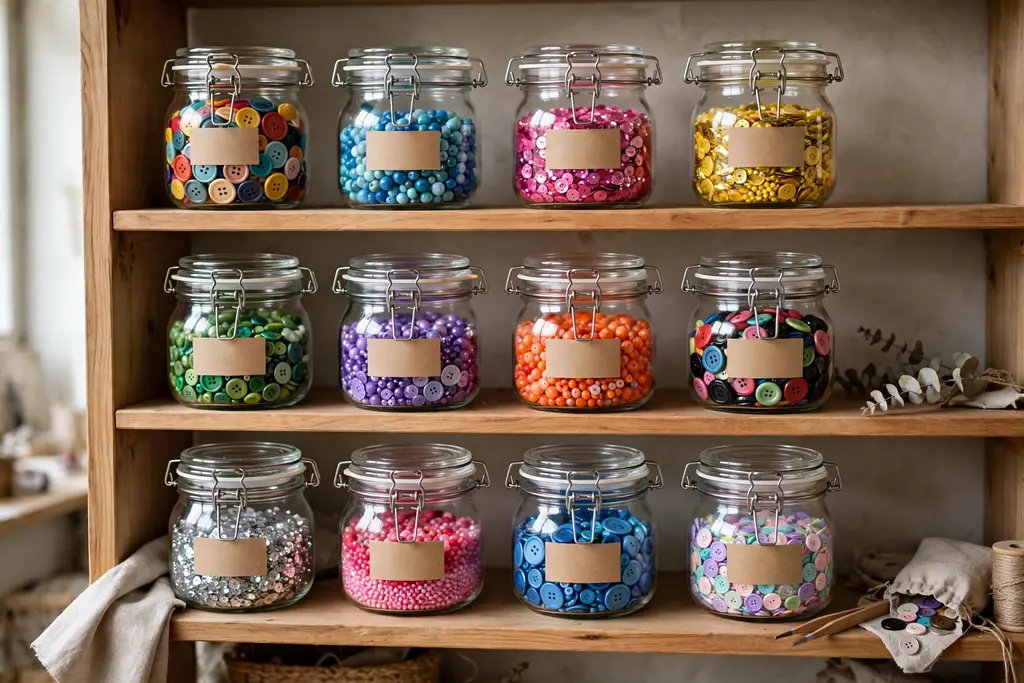 Open shelves with clear lidded jars of colorful buttons, beads, and sequins, each jar labeled on the front.
