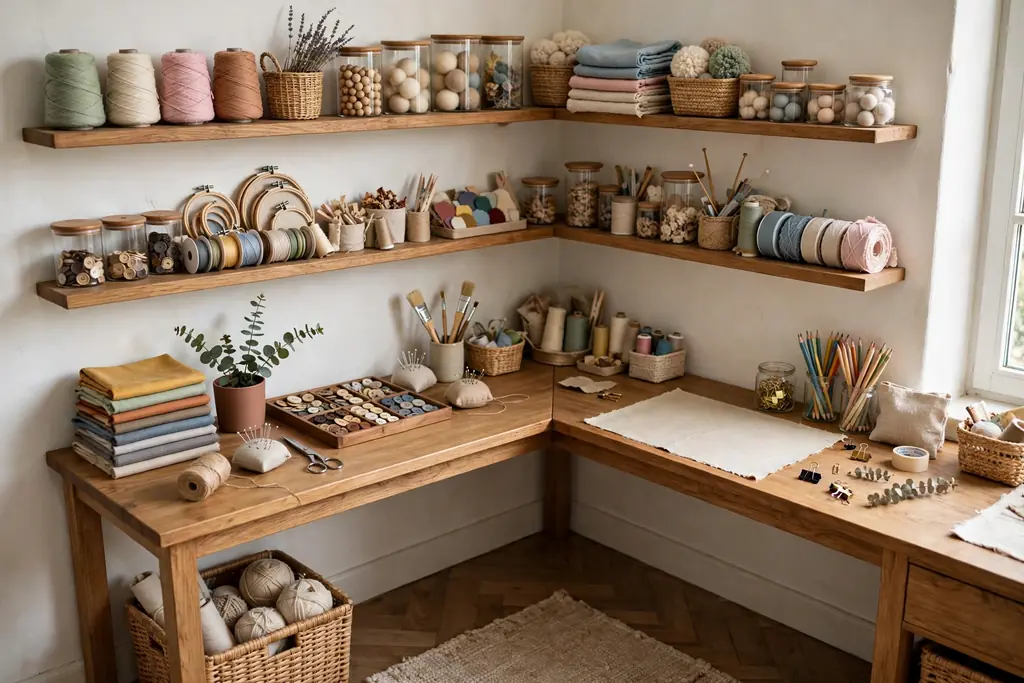 Corner workstation with an L shaped desk and two rows of overhead shelves holding craft supplies.