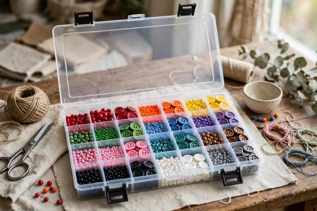 Divided craft box with snap lid holding beads and buttons sorted by color in small compartments.