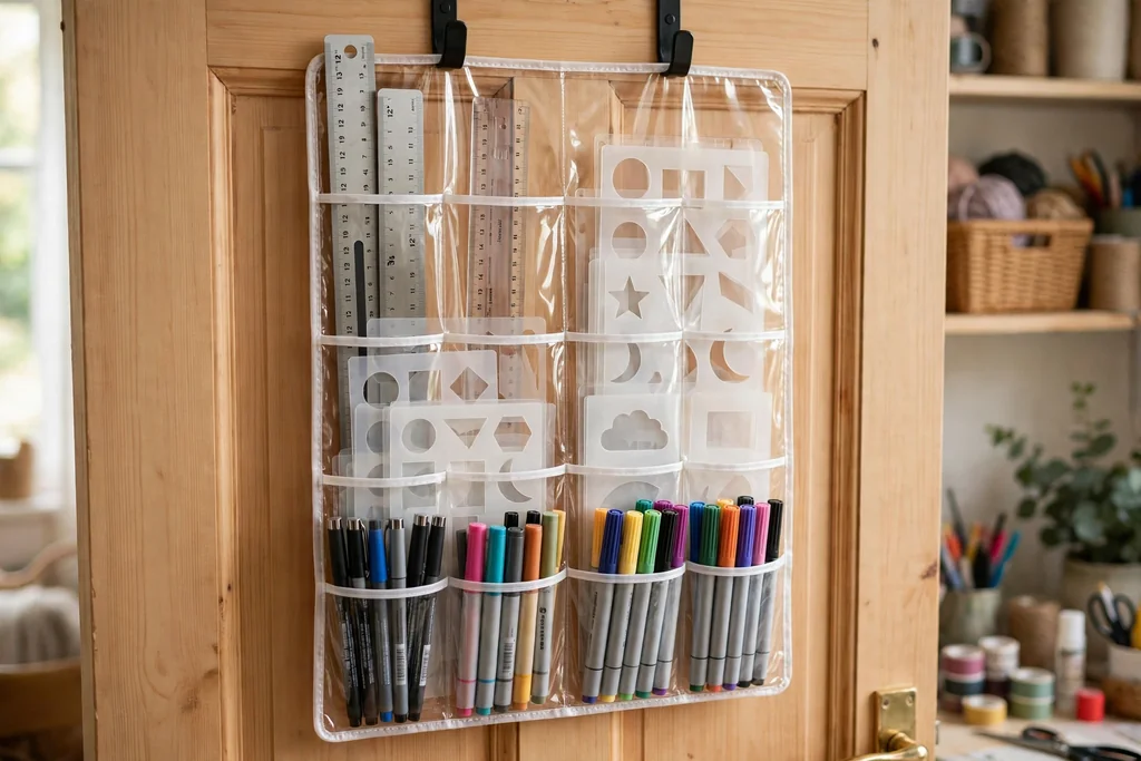 Clear pocket organizer hanging on a craft room door holding rulers, stencils, pens, and markers.