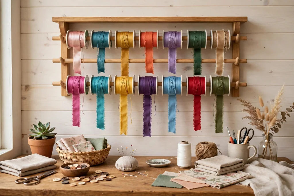 Wall rack with horizontal dowels holding colorful ribbon and thread spools above a craft table.