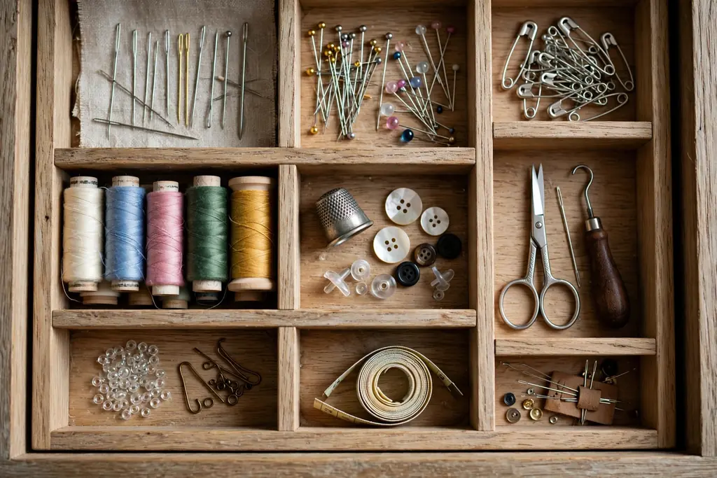 Shallow drawer with dividers holding needles, pins, thread spools, and small sewing notions in separate trays.
