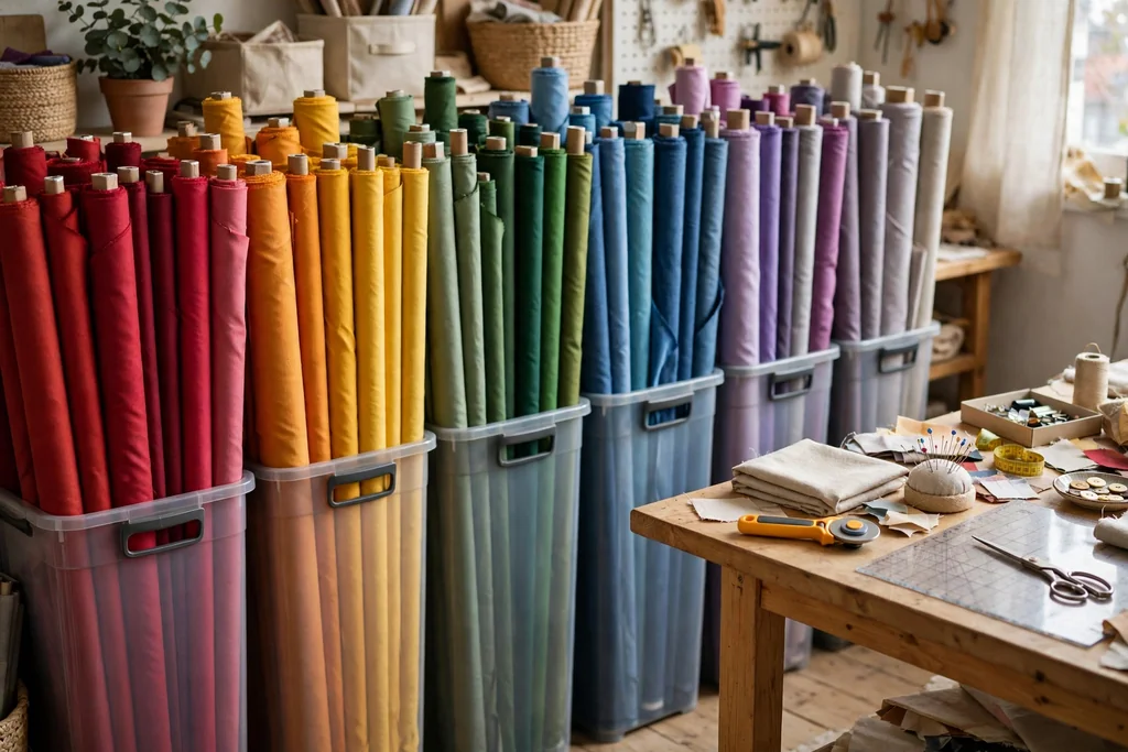 Tall bins holding fabric rolls standing upright, sorted by color, beside a craft table.