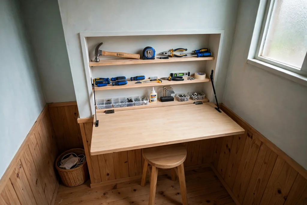 Fold down wall desk open in a small room with shallow shelves of tools inside and a stool tucked under.