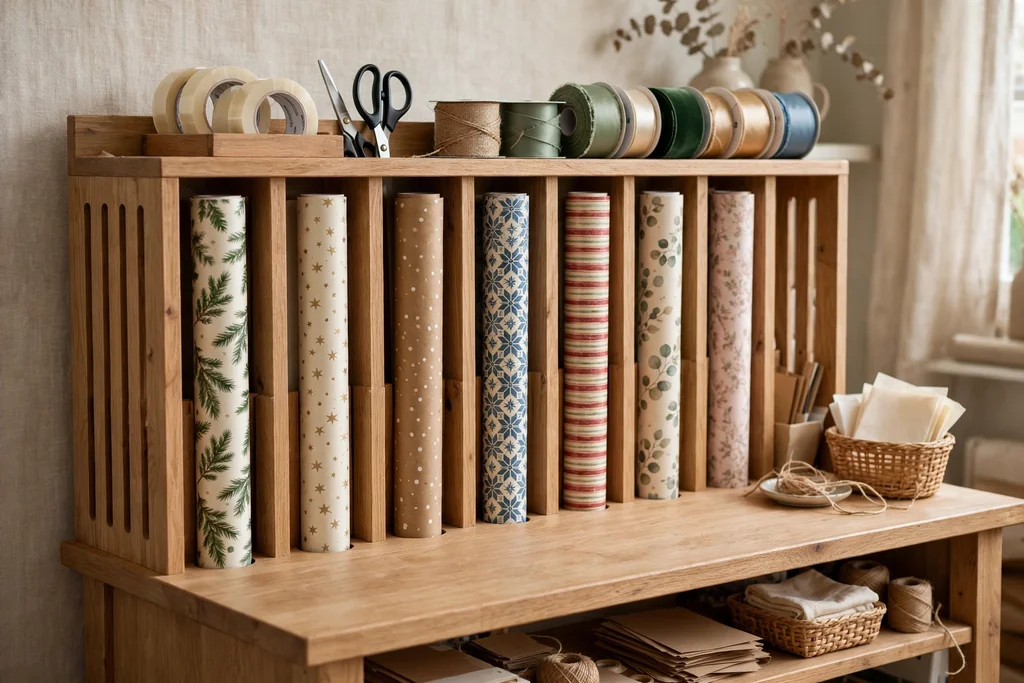Gift wrap station with vertical slots for wrapping paper rolls and a shelf of tape, scissors, and ribbon.