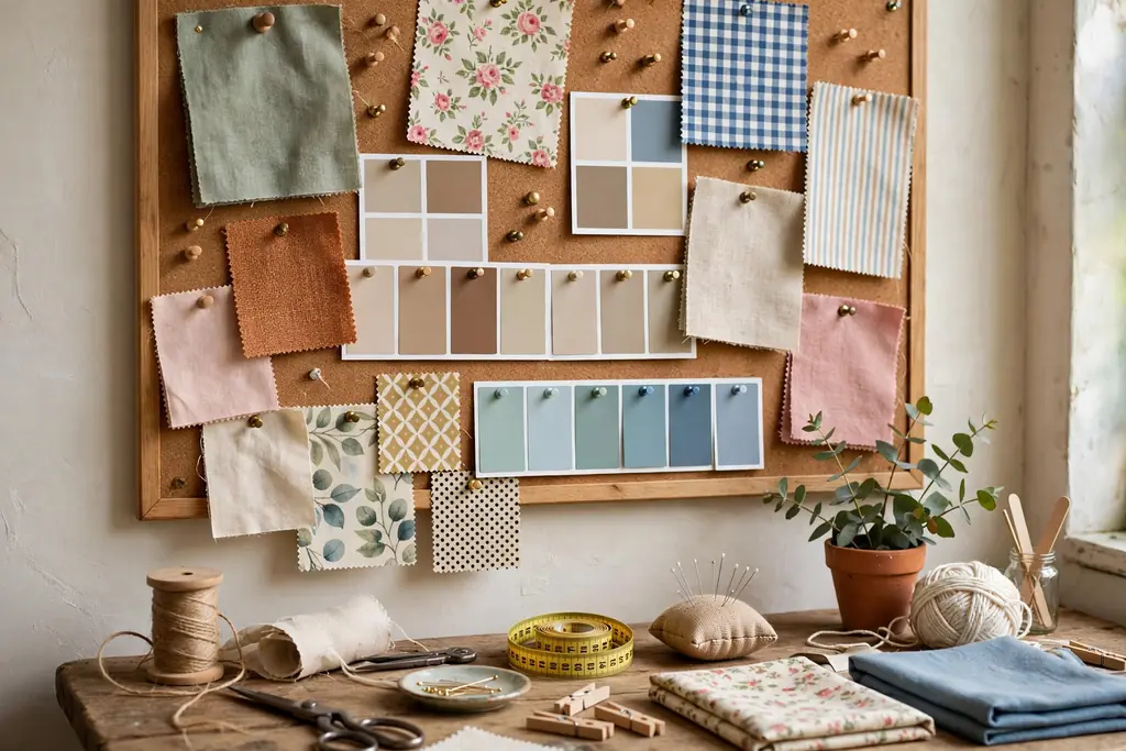 Inspiration board near a craft table pinned with fabric swatches, color cards, and pattern samples.
